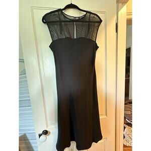 Cocktail dress 10 black sheer mesh top keyhole back midi length